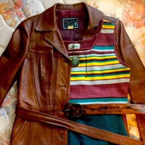 🍁Vintage Cognac Leather Jacket with Tie Waist🍂